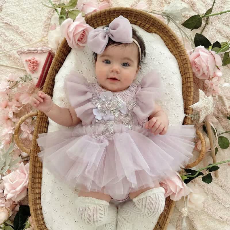 Mesh Folds Rosette Cap Sleeve Short Dresses WIth Hairband - image 8