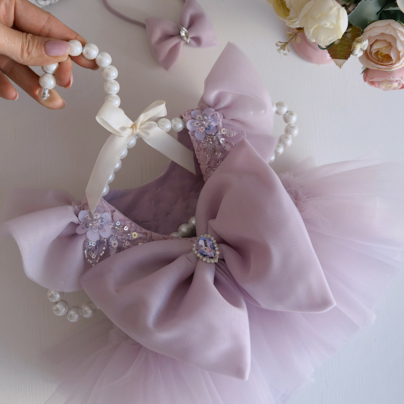 Mesh Folds Rosette Cap Sleeve Short Dresses WIth Hairband - image 3