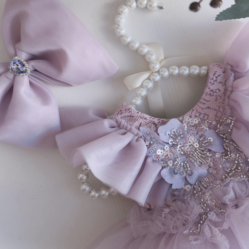 Mesh Folds Rosette Cap Sleeve Short Dresses WIth Hairband - image 6