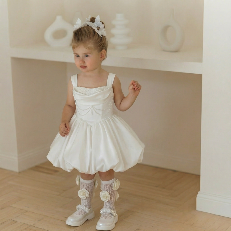 Satin Pearl Sleeveless Short Dresses - White - 4Y - image 1