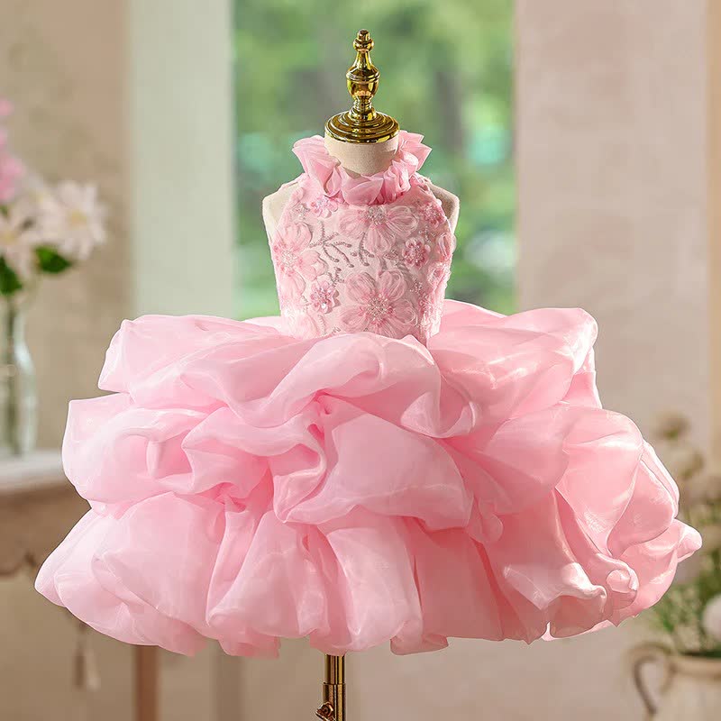 Chemical Fiber Blend Tiered Sleeveless Midi Dresses - Pink - 15-16Y - image 1