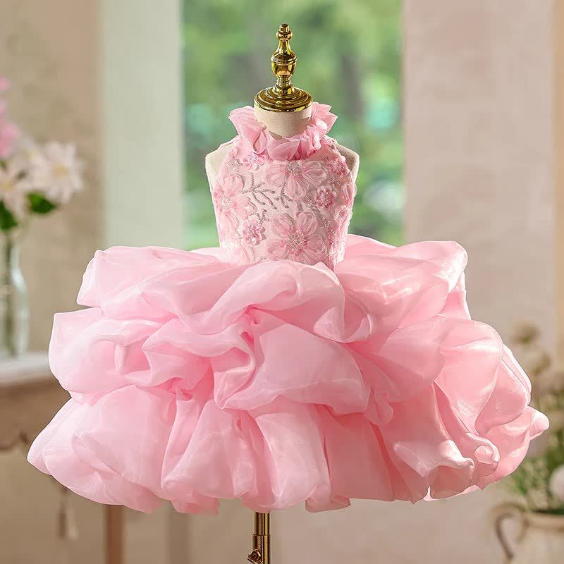 Chemical Fiber Blend Tiered Sleeveless Midi Dresses - Pink - 15-16Y - image 1