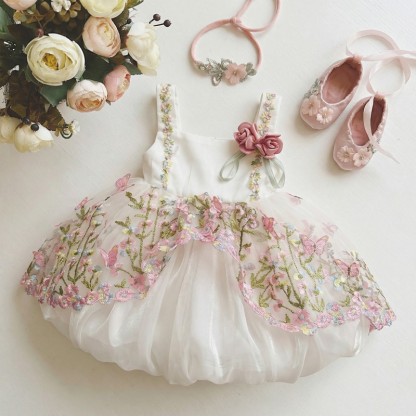 Chemical Fiber Blend Embroidery Sleeveless Short Dresses - White - 5-6Y - image 1