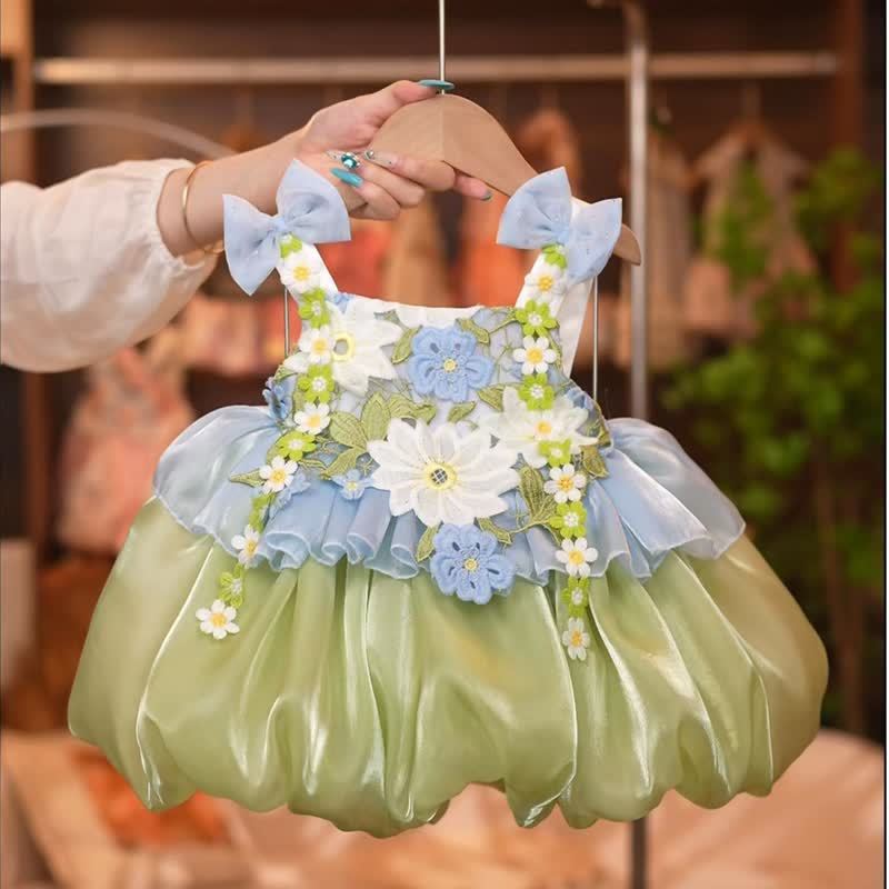 Chemical Fiber Blend Bow Rosette Sleeveless Short Dresses - Green - 5-6Y - image 1