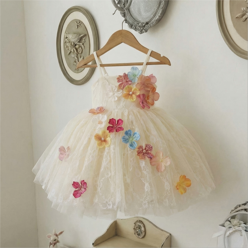 Mesh Spaghetti Sleeveless Short Dresses - Beige - 10-12Y - image 1