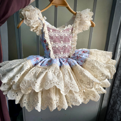 100% Cotton Stitching Lace Cap Sleeve Short Dresses - Cream - 5Y - image 1