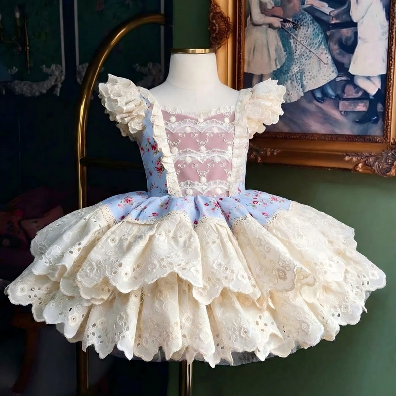 100% Cotton Stitching Lace Cap Sleeve Short Dresses - Cream - 5Y - image 1