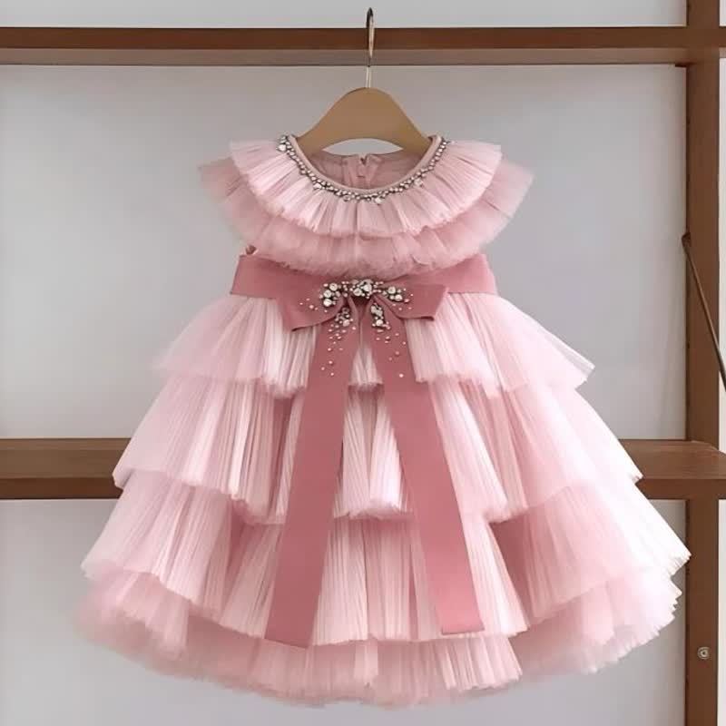 Mesh Bow Rhinestone Sleeveless Short Dresses - Pink - 13-14Y - image 1