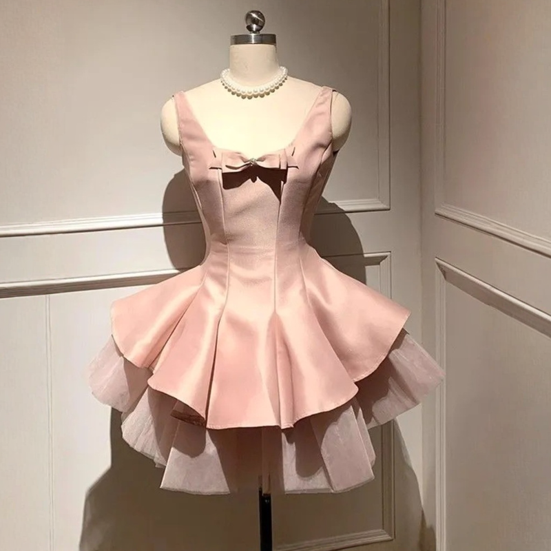 Women Satin & Mesh Bow Sleeveless Short Dresses - image 4