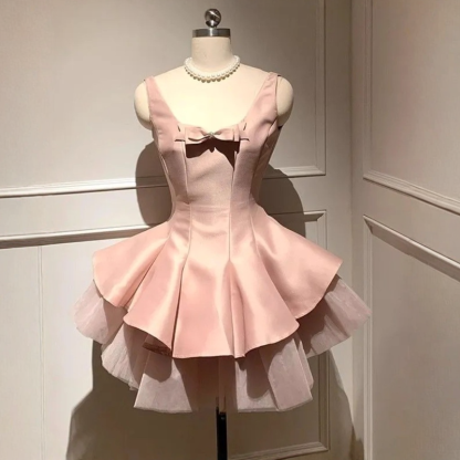 Women Satin & Mesh Bow Sleeveless Short Dresses - image 4