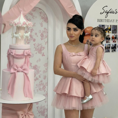 Satin & Mesh Bow Sleeveless Short Dresses - image 2