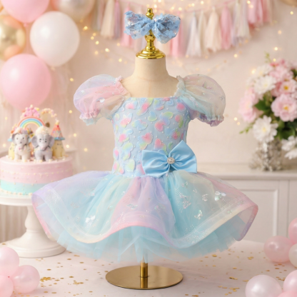 Mesh Embroidery Short Sleeve Short Dresses - Blue - 15-16Y - image 3