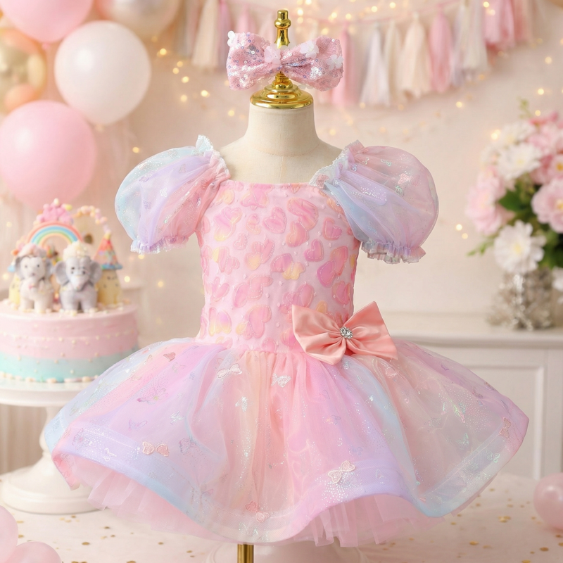 Mesh Embroidery Short Sleeve Short Dresses - Pink - 15-16Y - image 1