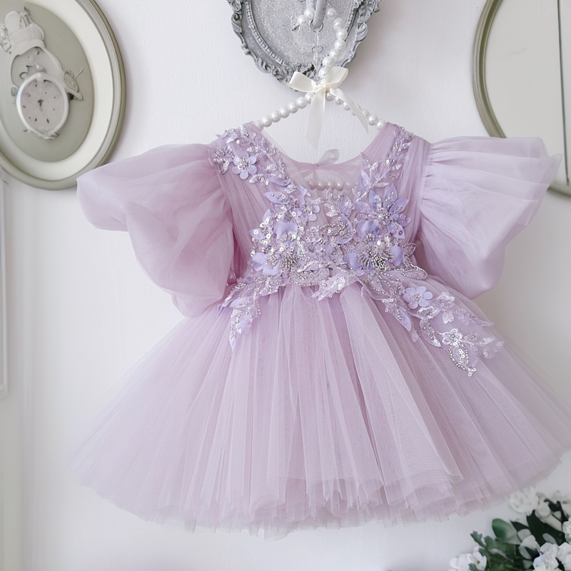 Mesh Embroidery Short Sleeve Short Dresses - Light Purple - 15-16Y - image 1