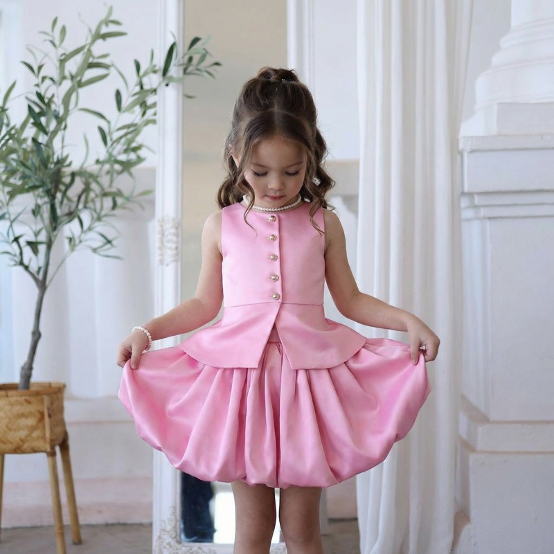 Satin Button Sleeveless Short Two-piece Set - Bright Rose - 6Y - image 1