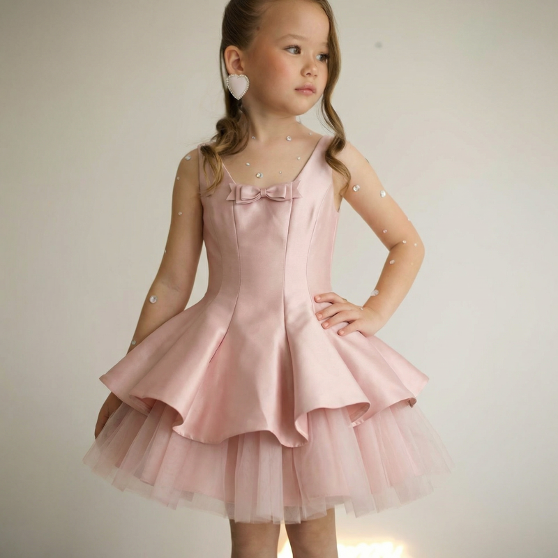 Satin & Mesh Bow Sleeveless Short Dresses - image 4