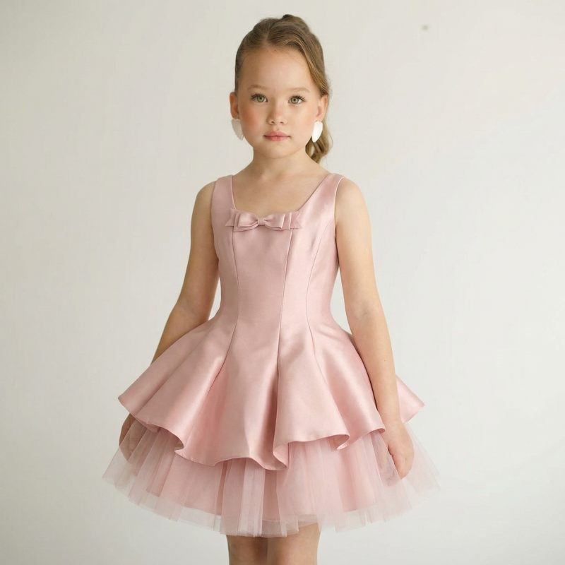 Satin & Mesh Bow Sleeveless Short Dresses - image 3