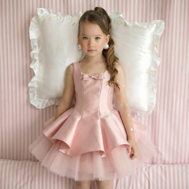 Satin & Mesh Bow Sleeveless Short Dresses - Light Pink - 5Y - image 1