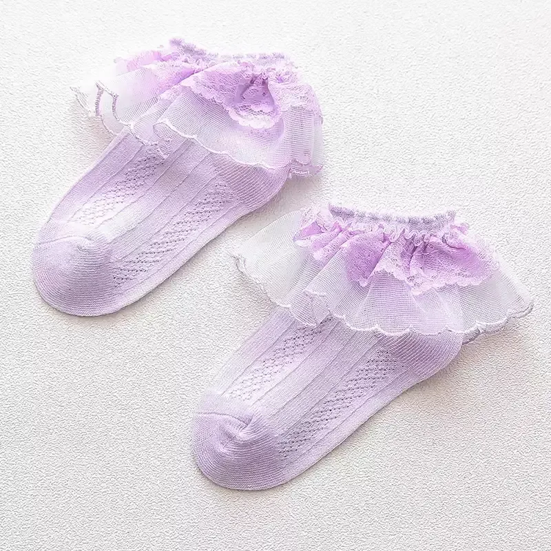 Solid Stitching Lace Socks - Light Purple - 8-12Y - image 3