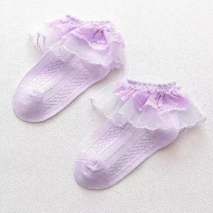Solid Stitching Lace Socks - Light Purple - 8-12Y - image 3