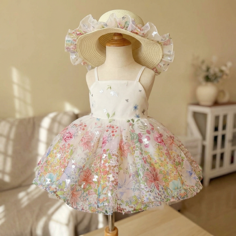 Mesh Embroidery Sleeveless Short Two-piece Set - Butterfly Hot Stamping Dress with Hat - 10-12Y - image 1