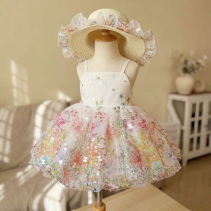 Mesh Embroidery Sleeveless Short Two-piece Set - Butterfly Hot Stamping Dress with Hat - 10-12Y - image 1