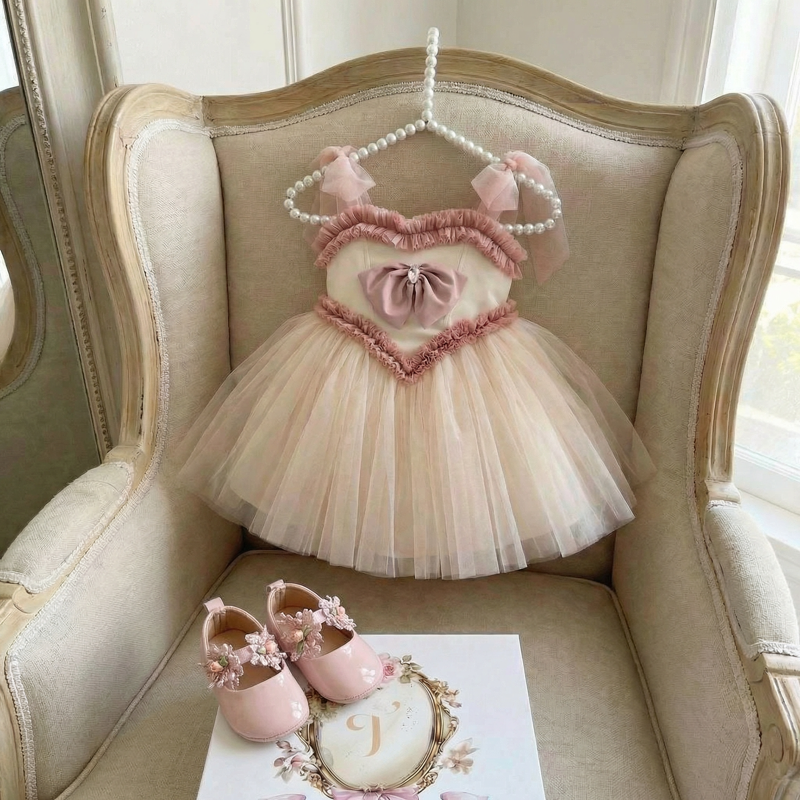 Mesh Bow Sleeveless Short Dresses - Cream - 4Y - image 1