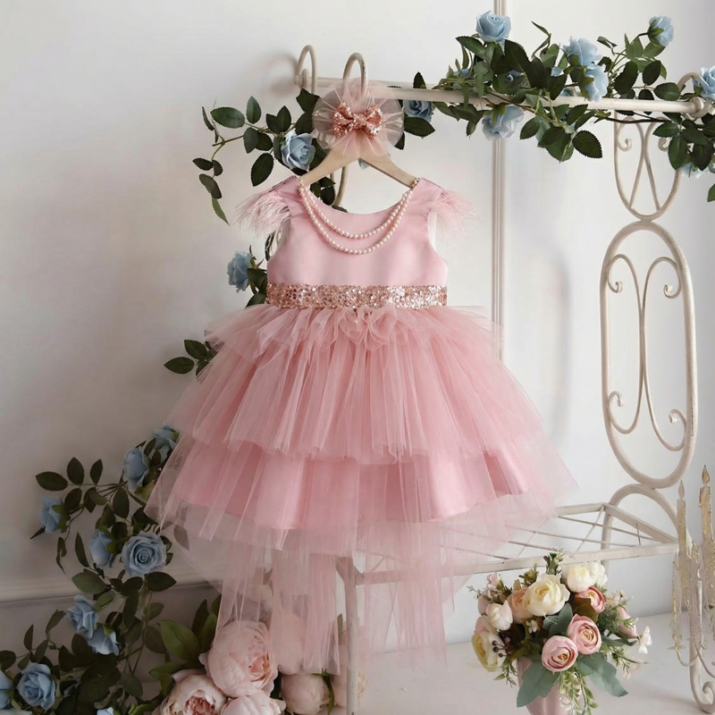 Mesh & Satin Sequins Pearl Sleeveless Midi Dresses - Pink - 8Y - image 1