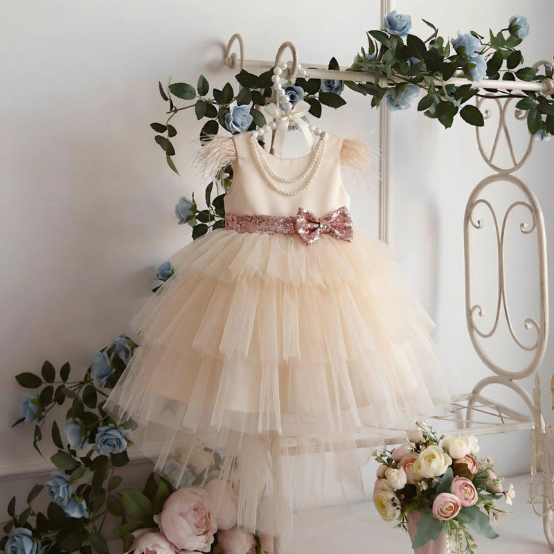 Mesh & Satin Sequins Pearl Sleeveless Midi Dresses - Champagne - 8Y - image 5