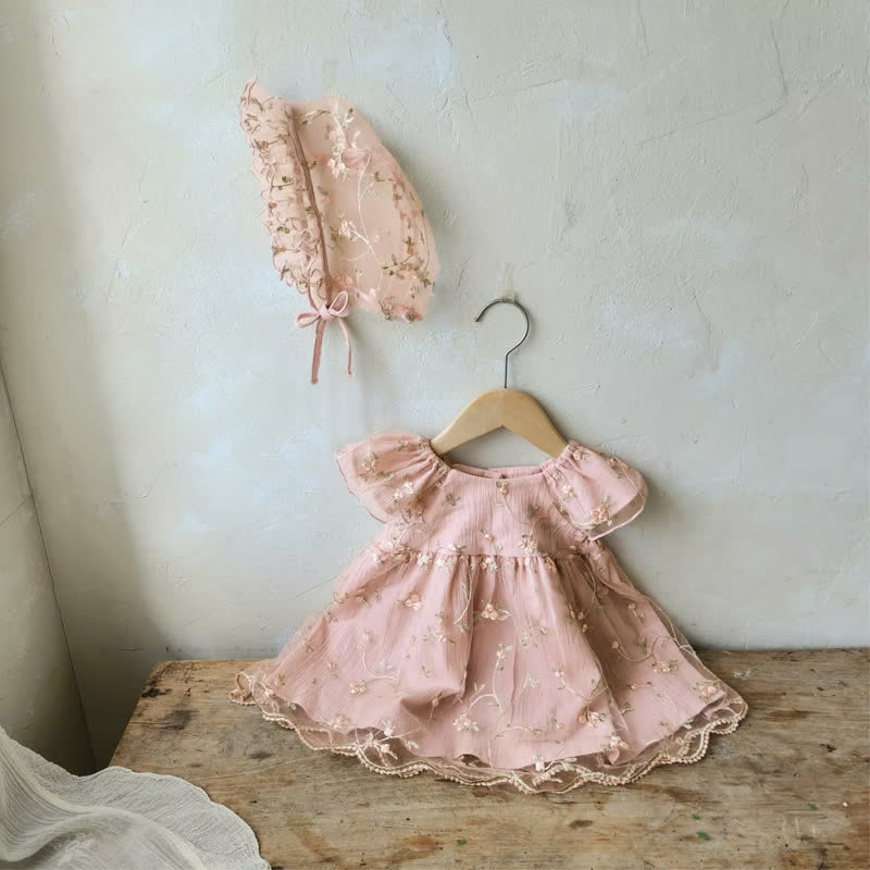 Embroidery Mesh Floral-embroidered Cap Sleeve Midi Dresses With Hat - image 8