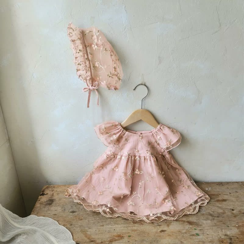 Embroidery Mesh Floral-embroidered Cap Sleeve Midi Dresses With Hat - image 8