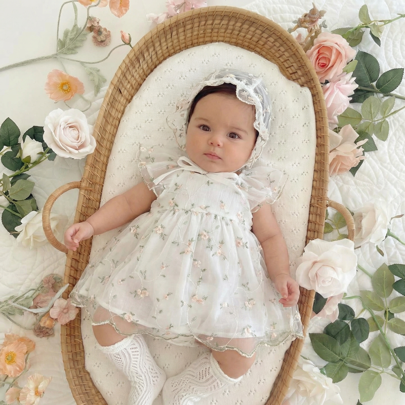 Embroidery Mesh Floral-embroidered Cap Sleeve Midi Dresses With Hat - White - 3Y - image 2