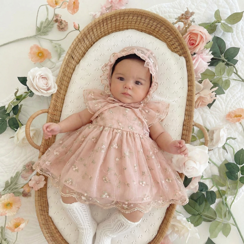 Embroidery Mesh Floral-embroidered Cap Sleeve Midi Dresses With Hat - Light Pink - 3Y - image 6