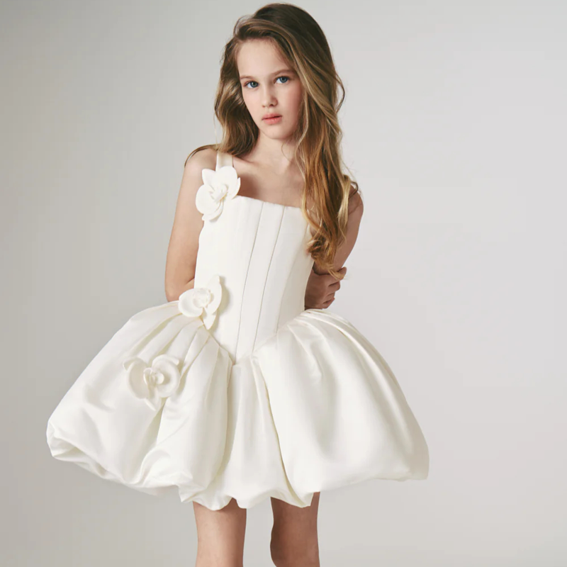Satin Rosette Sleeveless Short Dresses - White - 8Y - image 1