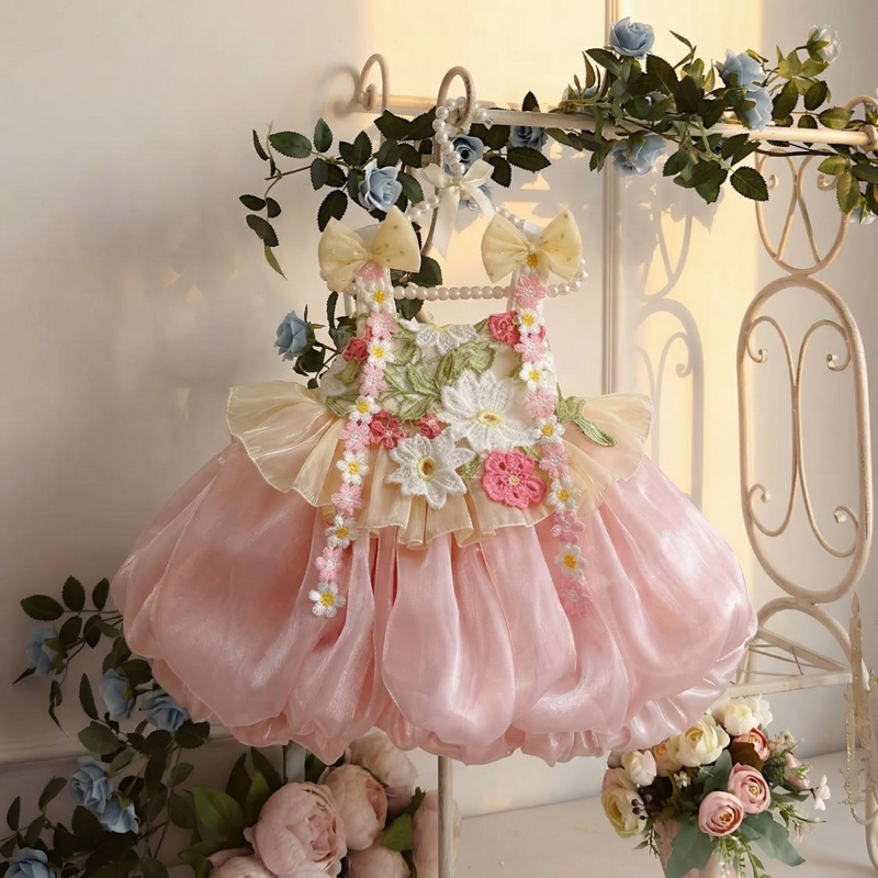 Organza Bow Embroidery Sleeveless Short Dresses - Pink - 5-6Y - image 1