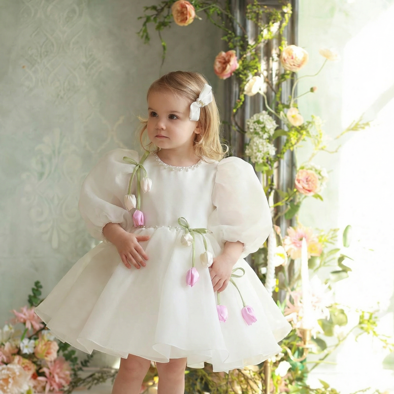 Organza Rosette Pearl Half Sleeve Short Dresses - White - 11-12Y - image 1