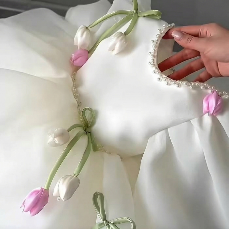 Organza Rosette Pearl Half Sleeve Short Dresses - image 6