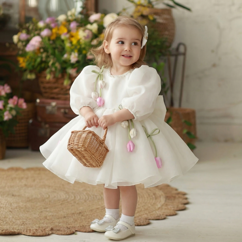 Organza Rosette Pearl Half Sleeve Short Dresses - image 2