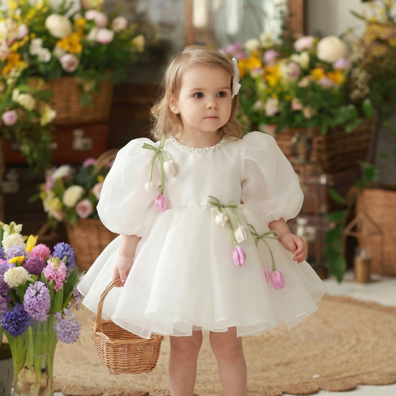 Organza Rosette Pearl Half Sleeve Short Dresses - image 3