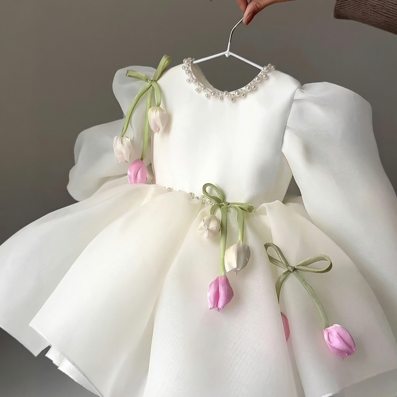 Organza Rosette Pearl Half Sleeve Short Dresses - image 4
