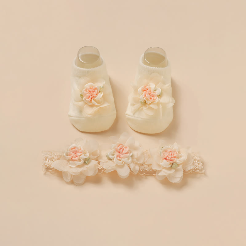Floral Rosette Headband And Socks - Beige - image 1
