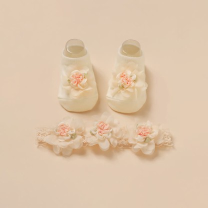 Floral Rosette Headband And Socks - Beige - image 1