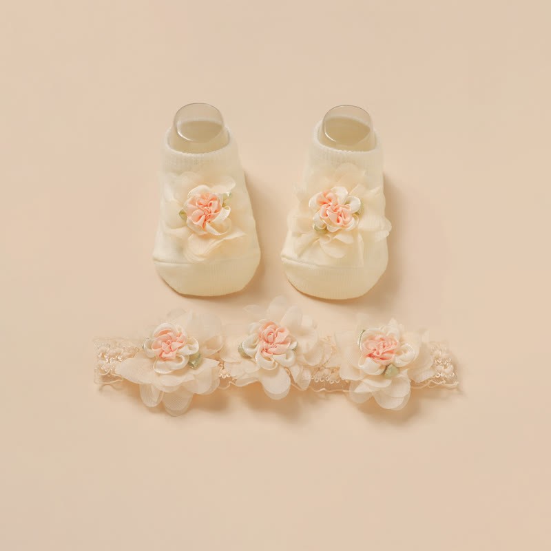Floral Rosette Headband And Socks - Beige - image 1