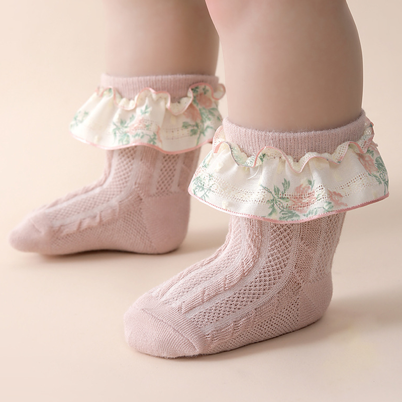 Floral Stitching Lace Socks - Pink - 3-5Y - image 5