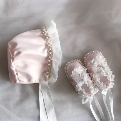 Solid With Pearls Hat And Shoes - Pink - 6-12M - image 1