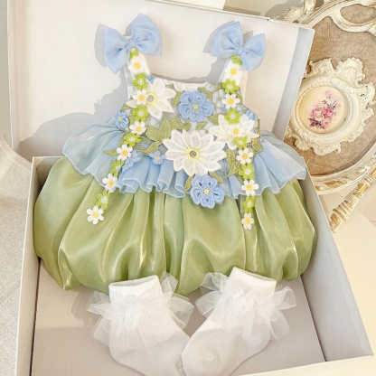 Chemical Fiber Blend Bow Rosette Sleeveless Short Dresses - Green - 5-6Y - image 1