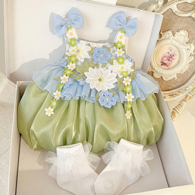 Chemical Fiber Blend Bow Rosette Sleeveless Short Dresses - Green - 5-6Y - image 1