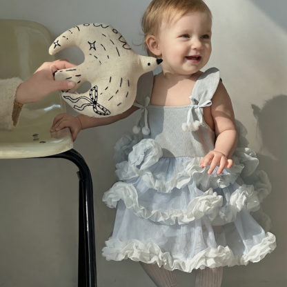 Mesh Bow Folds Sleeveless Midi Dresses - Blue - 3Y - image 6