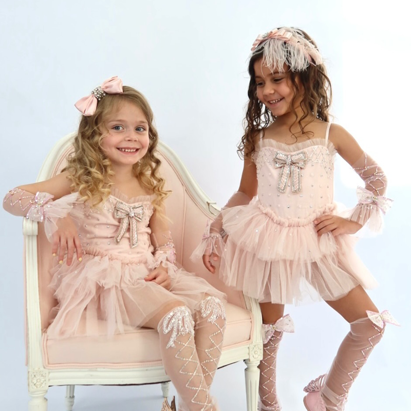 Mesh Bow Hot Drilling Sleeveless Short Dresses - Light Pink - 5Y - image 1