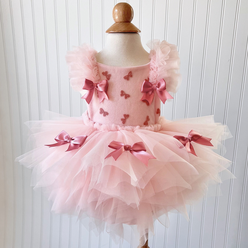 Mesh Folds Bow Cap Sleeve Short Dresses - Light Pink - 4Y - image 1
